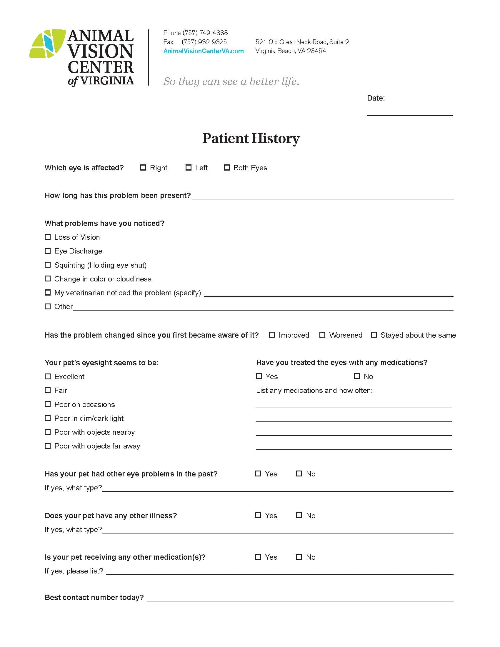 Patient History Form - Animal Vision Center of VA